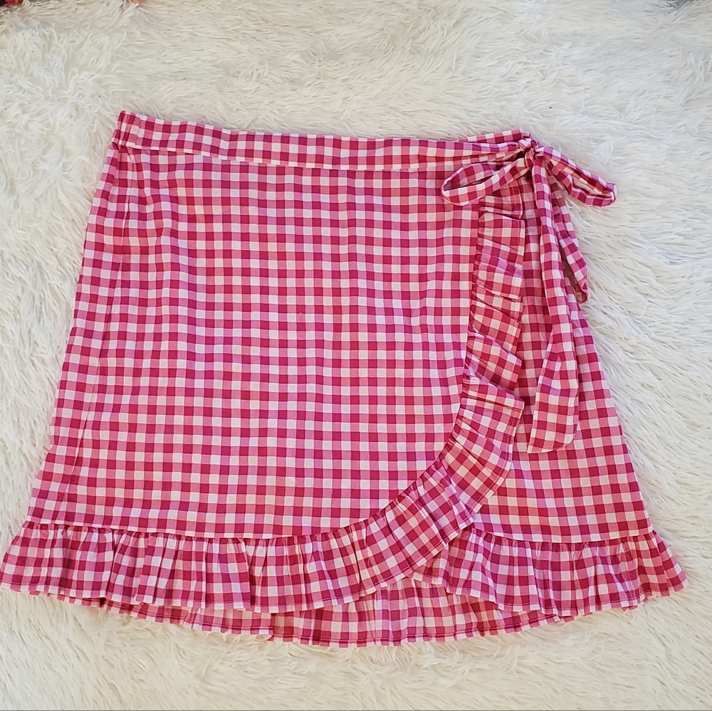 J. Crew Pink Gingham Wrap Skirt L